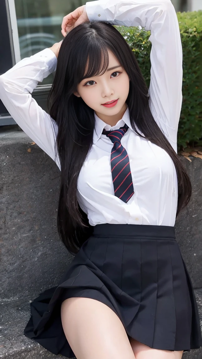 star、Supermodel、Perfect build、Muchimuchi、Three girls are looking at the viewer、girl、、Thighhighs、beautiful feet、school uniform cyberpunk、headphone、gentle smile、seen by girls、Innocent face
