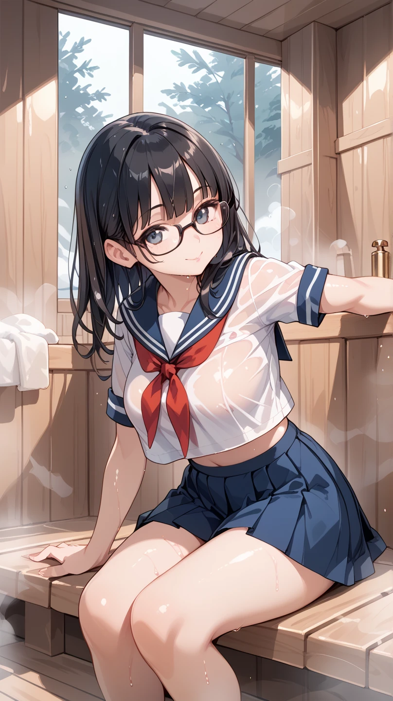 Highest quality, Super detailed, masterpiece, Ultra-high resolution, 8K, Embarrassing, blush, Lovely, Close one eye, With tears in her eyes and her mouth open, drooling, (arms behind head), wariza, (off-shoulder sailor uniform, micro mini skirt), cleavage out, crop top navel, 1girl, zenno rob roy \(umamusume\), umamusume, Glasses,, medium breasts, Absolute area, Waistline, (Shower room, I take a shower)