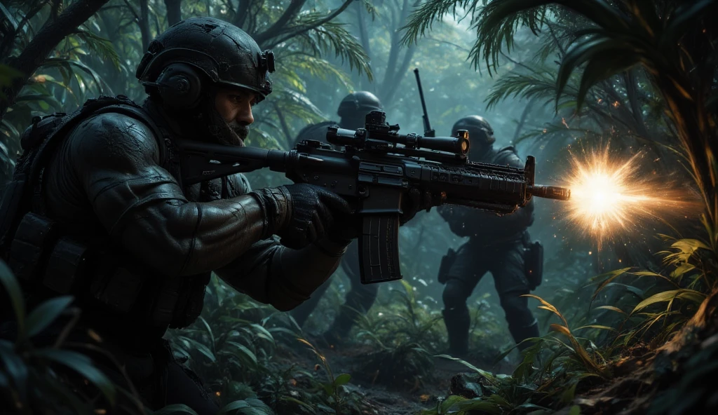 A muscular soldier, clad in dark tactical gear, fires an assault rifle in a dense, humid jungle environment. The scene is dark and gritty, with lush green foliage obscuring much of the background. The soldier's face is partially obscured by his helmet and the recoil of the weapon. In the background, other soldiers are visible, their forms indistinct in the shadowy undergrowth. The overall mood is intense and action-packed, suggesting a fierce firefight in a hostile terrain. The laser sight of the rifle is visible, adding to the sense of immediacy and danger. The image is highly detailed and realistic, with a focus on texture and atmospheric depth. Title: Jungle Firefight