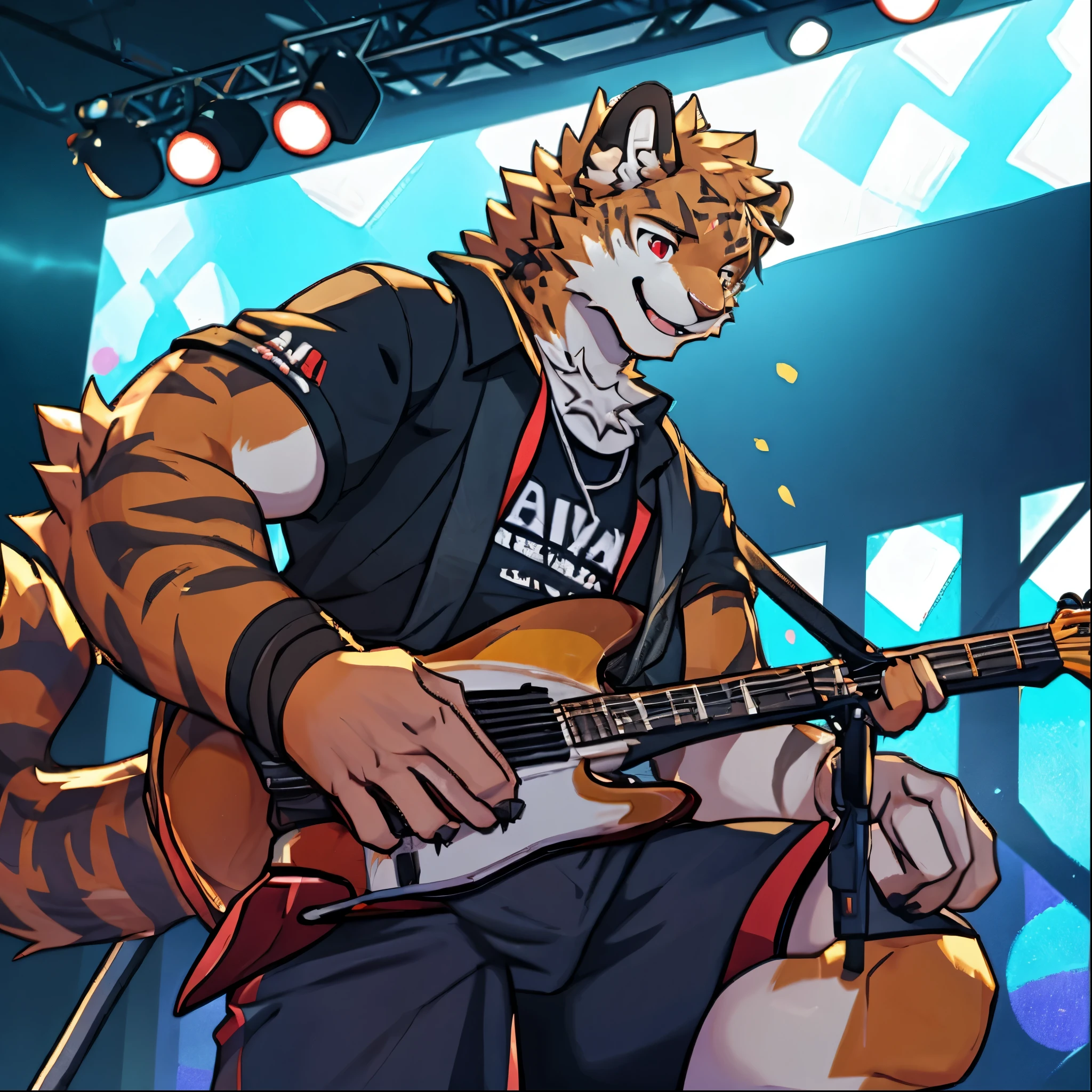 Minimalist,Happy, boy,Golden fur,Golden hair,Leopard, red eyes,Wear short sleeve shorts, on the stage
