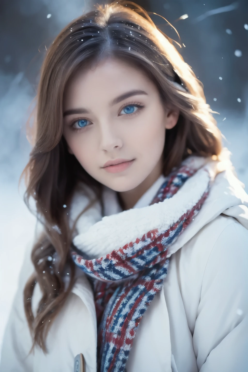 masterpiece,best quality, ultra highres,8k,16k,delicate photography, sharp line, sharp focus, (perfect anatomy:1.5), RAW photo, resolution,realistic,ultra detailed,sharp focus,RAW photo,白,蒼,黒,UHD,
BREAK,
24years old,beautiful european lady,
beauty hair,blue eyes,long lashes,large breasts,
wearing a stylish worm  jaket coat and a checked scarf, in winter. (Her breath is white:1.5),Snowy mountain,Powder Snow,(Snow is falling:1.3),Light streaming in,
BREAK,
Photo style,portrait,golden ratio,Fibonacci spiral composition,