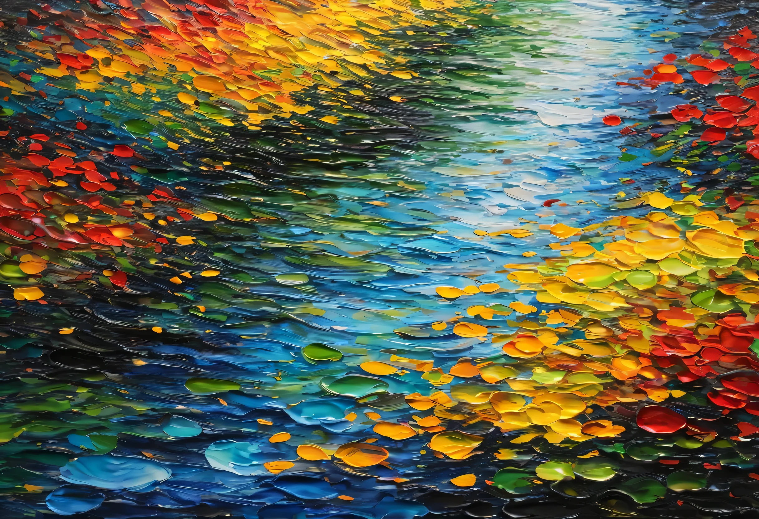 abstract painting by Ripples based on red, yellow, and green on a black background, Palette Knife Textures , Detailed, complex, and intense oil , textured oil on canvas , exquisite oil , Layering, Abstract Oil on Canvas , oil, Large Brush Strokes on Canvas, Palette Knife Textures , detailed impasto brushwork , Impasto painting , Ripples
