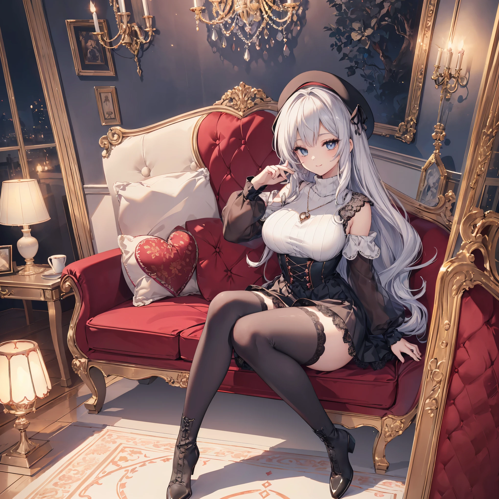 ((8Kmasterpiece,highest quality)), ultra high resolution, (masterpiece: 1.4), hyper detail, (((1 girl))),beautiful and delicate eyes,golden eyes,Big eyes,shining eyes of light,Thin and long eyelashes,detailed light,beautiful face,((silver hair)),((long hair)),In a white suit,Black high-cut boots,DTM,PC,Composing music,keyboard,guitar,Gaming Room,sitting cross-legged on a gaming chair,fearless smile,looking at the viewer, slender body chest,(very big )