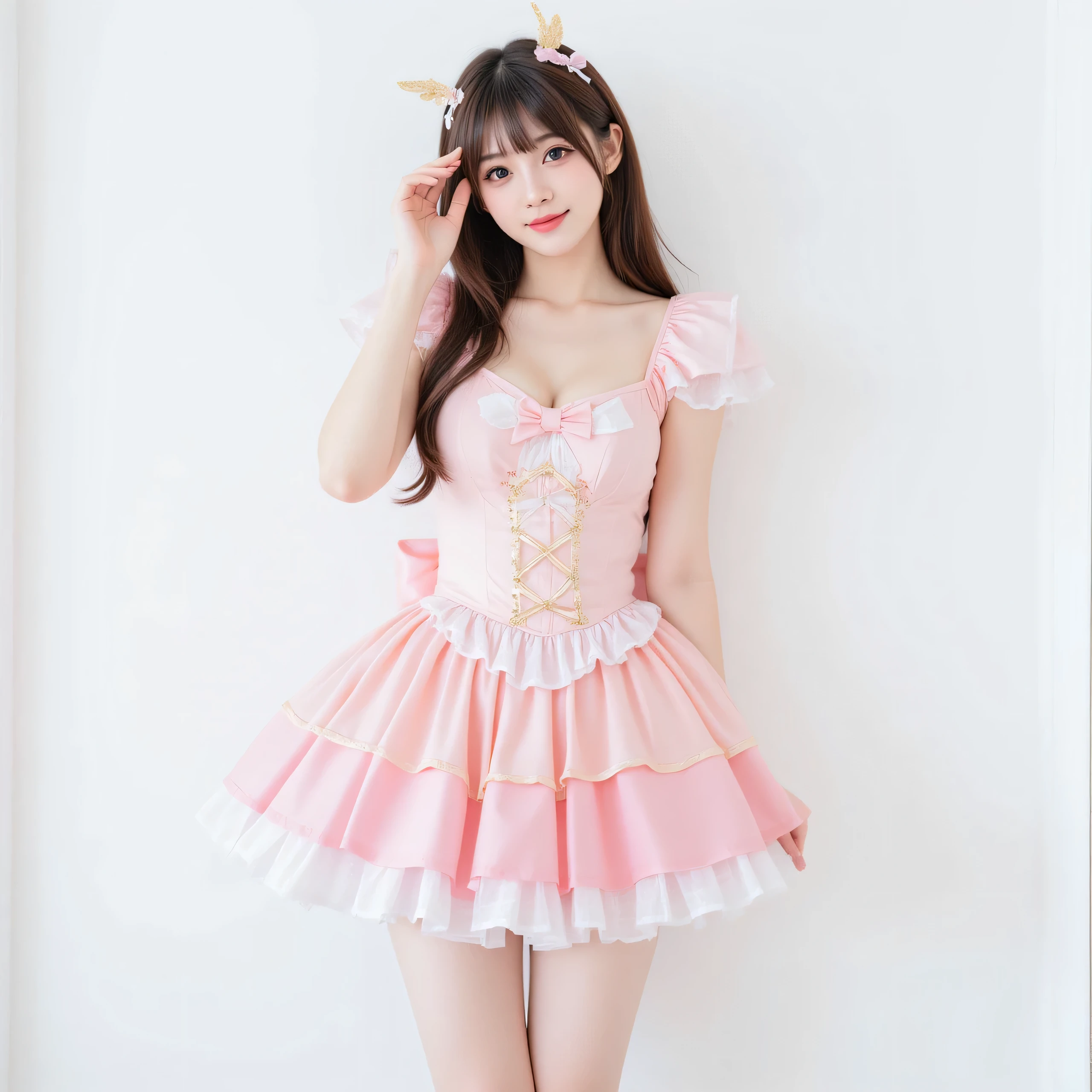 (Super Best masterpiece anime cosplay girl), (16k, RAW, best image quality, super high definition), I'm such a beautiful real Japanese super busty girl, so perfect beautiful female style , Model standing, Very accurate full body depiction , anime Puella Magical Girl Cosplay , very cute smiles, Falling in Love , Very perfect photo writing, advanced lighting technology , Best shutter scene , I can clearly see my very large cleavage, Very detailed and accurate1Point perspective drawing, White wall background