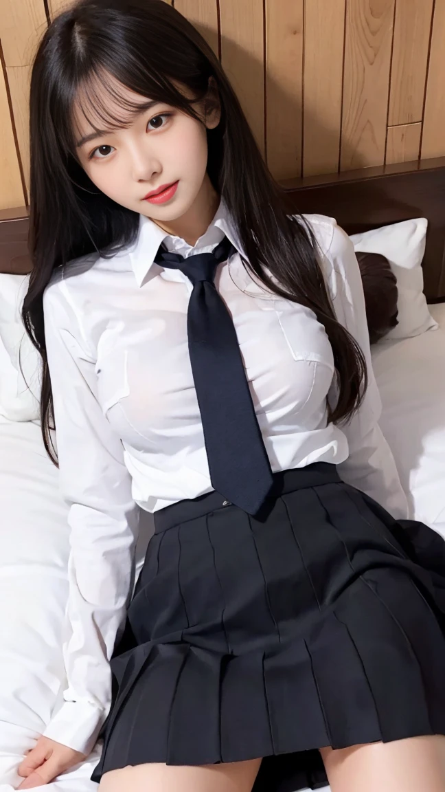 high quality fingers, Normal hands, detailed fingers,Masterpiece, (realisitic, Realistis:1.37), (18-year-old schoolgirl), Big breasts, small waists, black hair glamor, Blue Eyes, beautifull face, Perfect Illumination, Beautiful detailed eyes,looking up at viewer, stunningly beautiful woman, detailed hairstyle, detailed background, bedroom, bed, short skirt school uniform,Lace panties,(stocklings,garterbelt), (((lying on back))), top-down view, let your legs come out,Spread your legs apart,(((Climax leading to orgasm,facial expression,)))