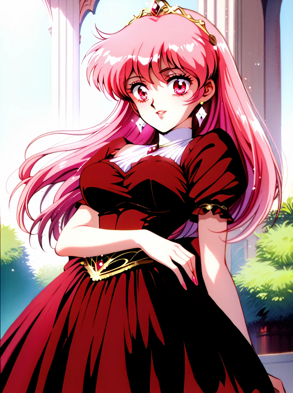 (masterpiece, 4K, Best Quality, Anime style: 1.9, bold drawing lines, High color saturation, Detailed face, tall, Adult Woman, lovely, (cloud background), Drawing lines, high resolution, Anime, lacus4), 1girl in, Solo, curvy figure, Long hair, 鎖骨, scapular, Wavy Hair, Detailed wide hair bangs, Hair Ornament, Detailed reddish-pink hair, cleavage, large hands, Big blue eyes, closed mouth, (cute Smile), ((closed fists)), (laughing, open mouth), ((medium breasts)), ((pink strapless wrestling leotard only), (wrestling long boots), bare thighs, groin lines, strong arms, biceps, rib lines, ((lean forward)), legs, standing, (hands on hips), happy, bare shoulders, (navel), pink elbow pads, (champion belt)