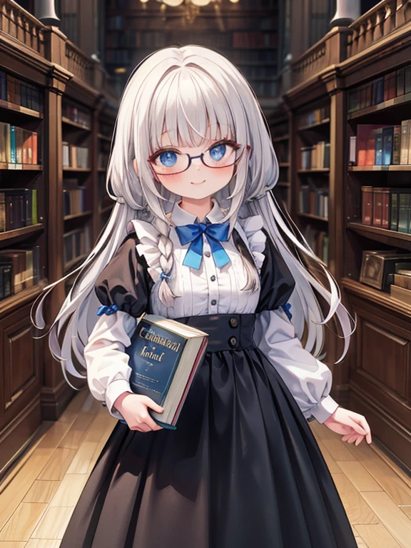 A  young looking Girl holding a closed book in a library with the sun shining in through a window, she has long silver hair and is a proffessor, she smiles with a joyful expression and is happy to see you, she is blushing, a brown table with various books is next to her.