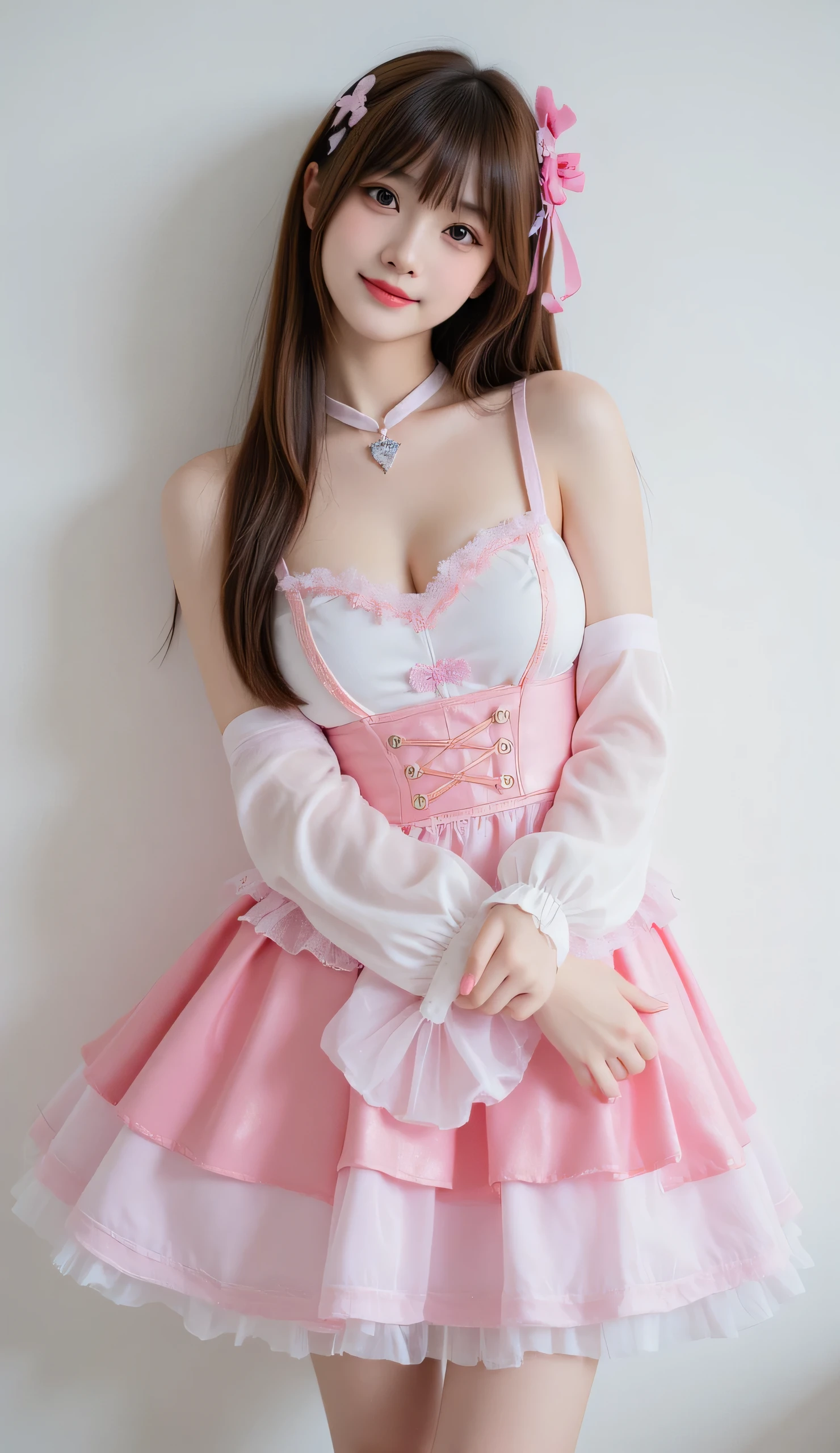 (Super Best masterpiece anime cosplay girl), (16k, RAW,  best image quality,  super high definition),  I am a very beautiful real Japanese busty girl, A beautiful female figure that is so perfect, Model standing, Very accurate full body depiction ,  anime Puella Magical Girl Cosplay ,  very cute smiles, Falling in Love , Very perfect photo writing,  advanced lighting technology , Best shutter scene , Very detailed and accurate１Point perspective drawing, White wall background