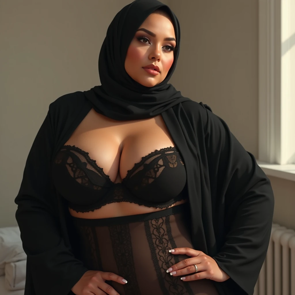 Busty thicc Egyptian mom in store. Sexy outfit. Abaya. Optimistic best quality,highres,ultra-detailed,realistic:1.37),curvaceous,mature,voluptuous,curvy, sultry, seductive, alluring, big sexy fat ass hijabi woman mature, thick ass, thick thighs