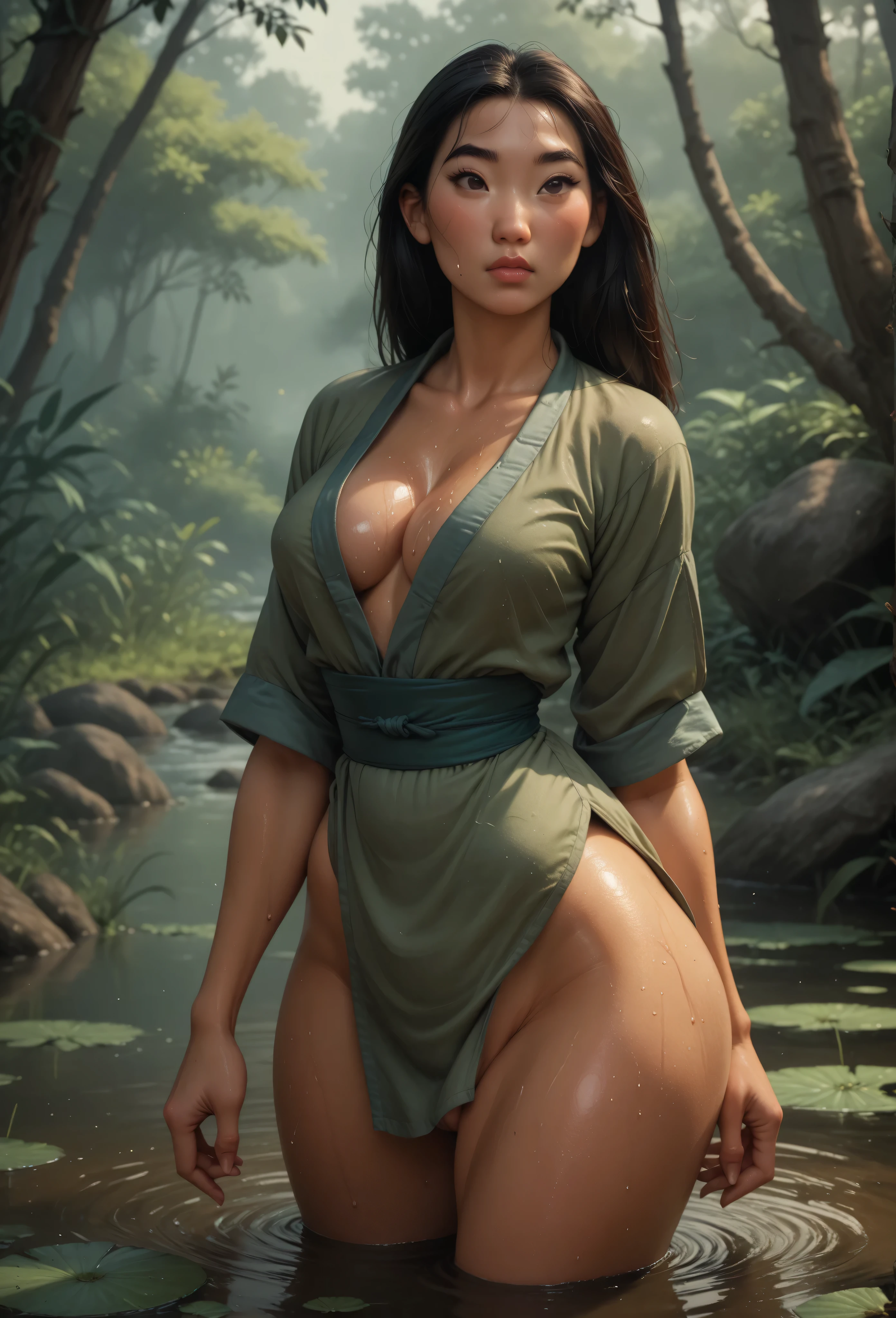 (Mulan), blond, in a swamp, asian tunic, large thighs, large hips, sweaty skin, cameltoe, detailed skin texture, big breast, cleavage