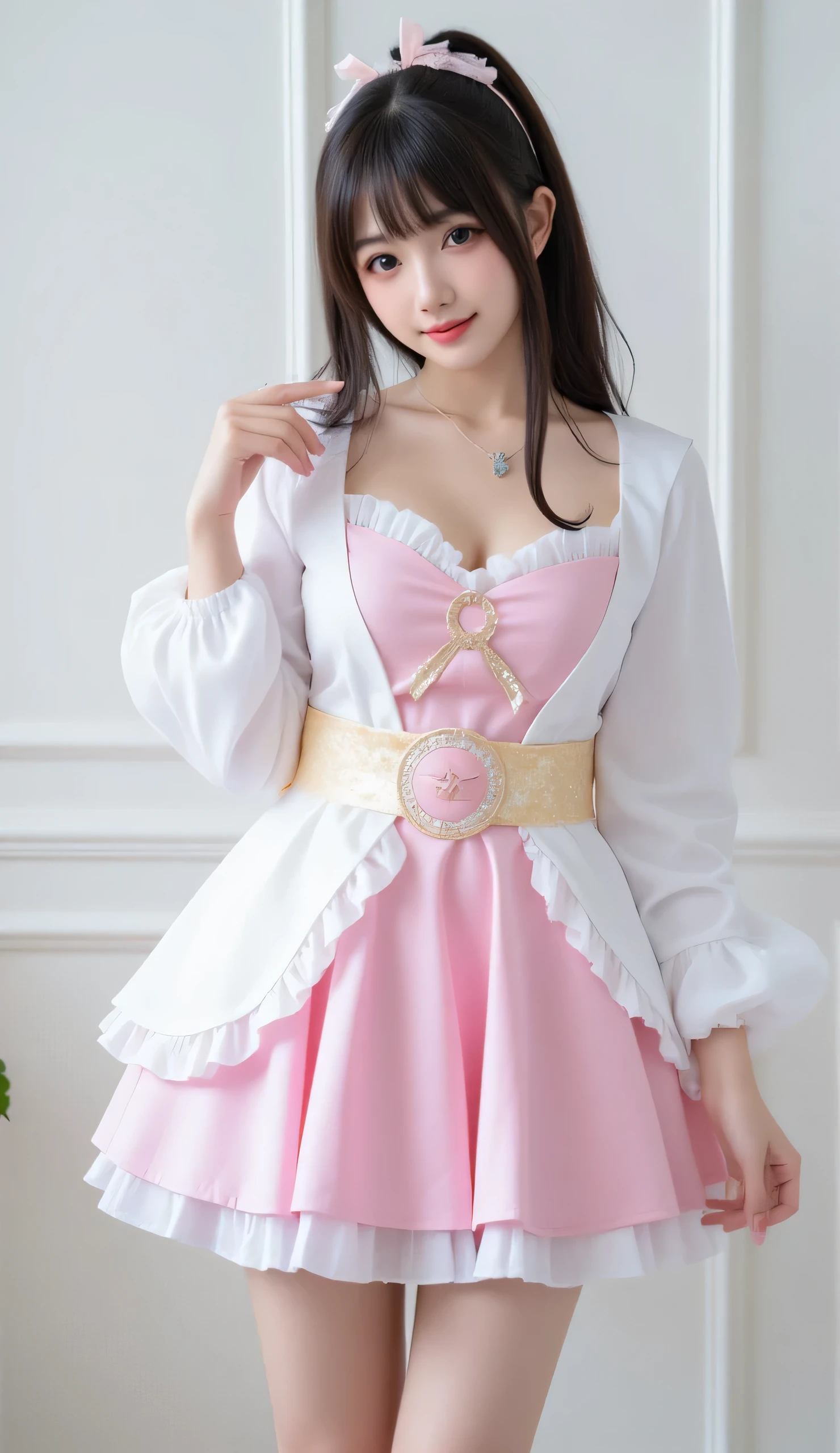 (Super Best masterpiece anime cosplay girl), (16k, RAW, best image quality, super high definition), I am a very beautiful real Japanese busty girl, A beautiful female figure that is so perfect, Model standing, Very accurate full body depiction , anime Puella Magical Girl Cosplay , very cute smiles, Falling in Love , Very perfect photo writing, advanced lighting technology , Best shutter scene , Very detailed and accurate1Point perspective drawing, White wall background