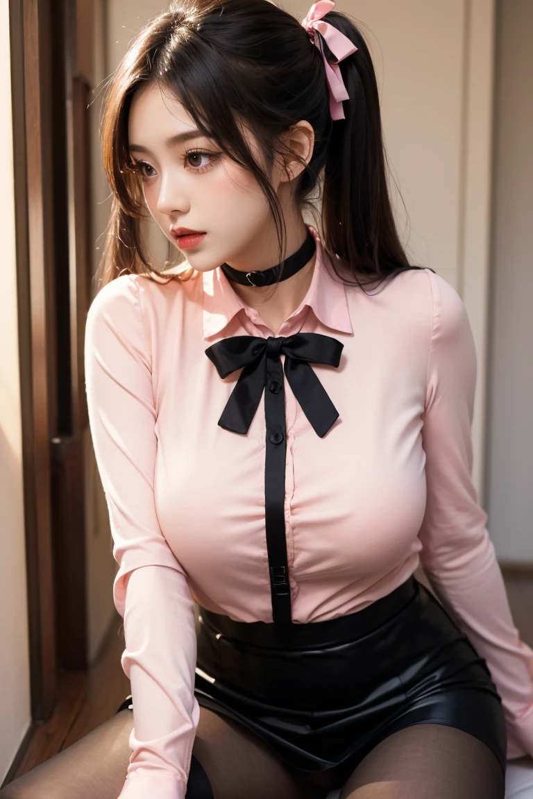(((pink collared police officer shirt))),(((bare side breast))),(((bare inner thigh and pink over-kneehighs))),(((show pink panty))),(((wear a pink tie and cleavage pink cutout))),(((wear a regulation pink police cap and pink tulle miniskirt lift:1.5))),(((bare shoulders and detached sleeves))),ulzzang-6500-v1.1, (Raw photo:1.2), (Photo realistic:1.4), a beautiful detailed girl, extremely detailed eye and face, beautiful detailed eyes, ultra-detailed, High resolution, top-quality, ​masterpiece, highly detailed, 8k wallpaper, Wonderful, finely detail, top-quality, Light on the face,电影灯光,1girl in,(prison bedroom),Beautiful eyes,smile,Opening Mouth