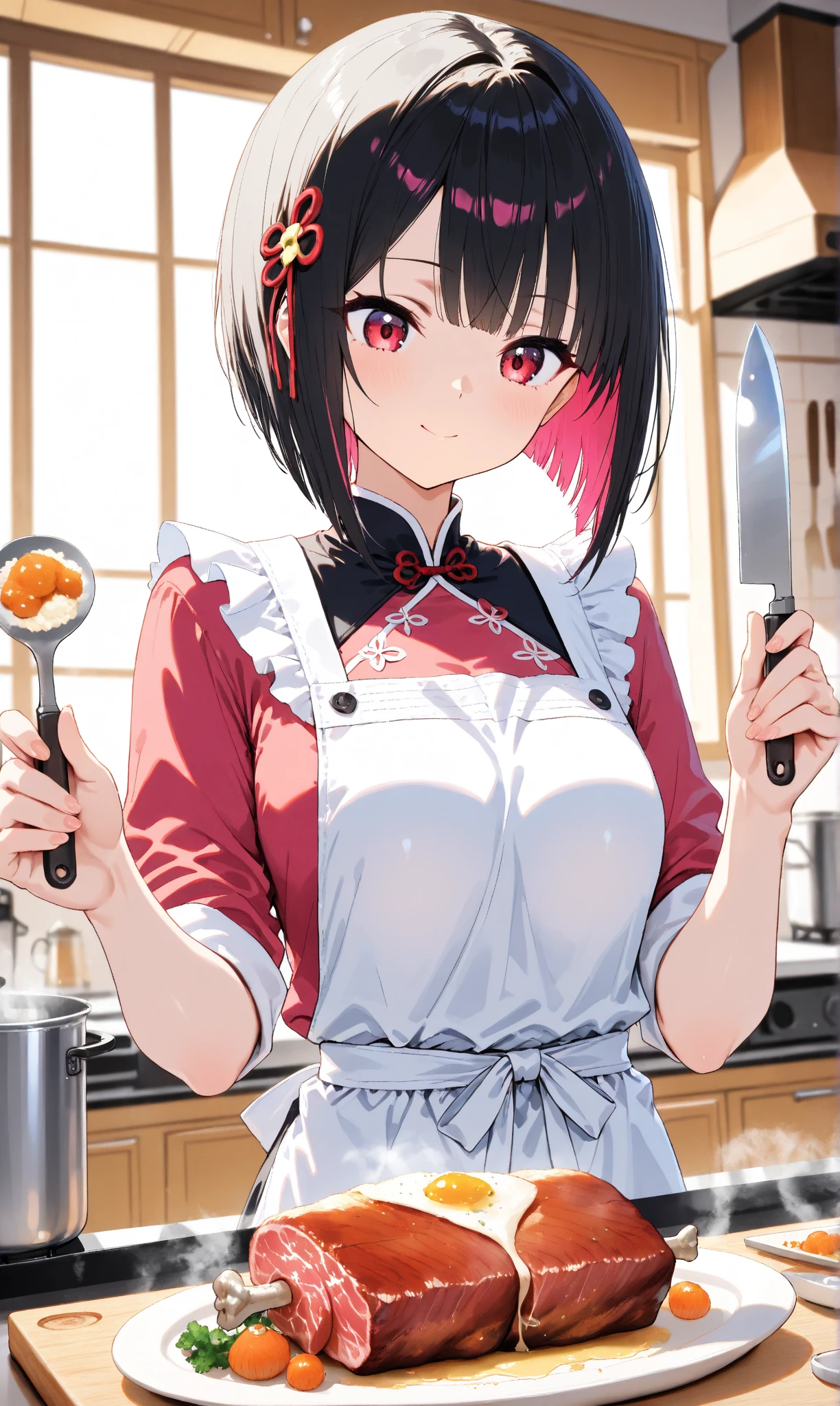 masterpiece, best quality, arima_kana, traditional maid, blush,  open mouth, looking_at_viewer, red_eyes, red_hair, short_hair, solo, upper_body, holding tray, food, blurry background, restaurant,  chair, indoors,  table, windows,