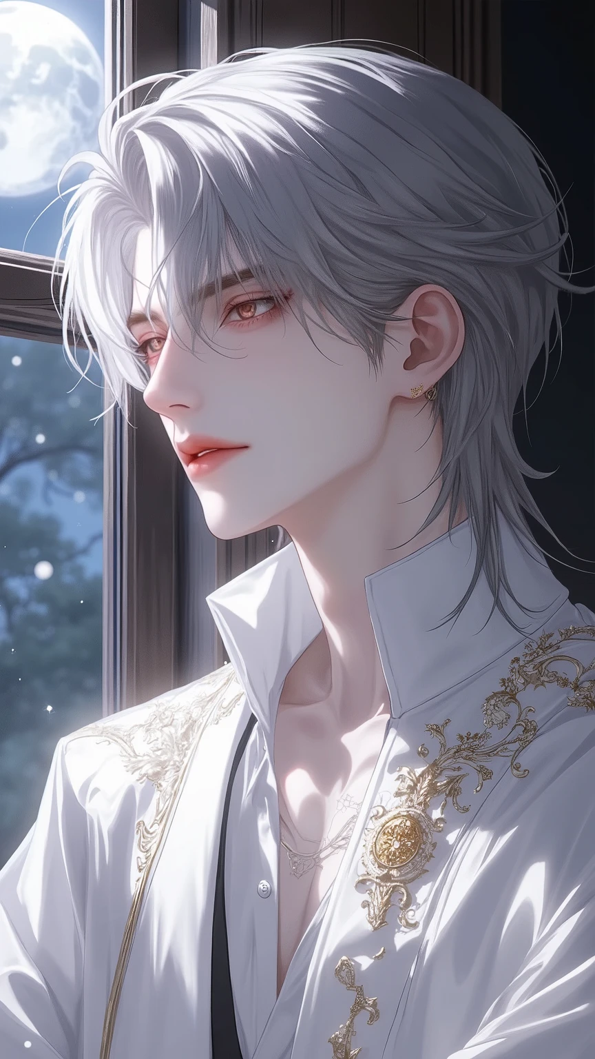 A portrait of an anime male with silver hair that falls softly across his pale skin. He wears an open high-collared white shirt embroidered with gold. Moonlight gently bathes his features as he gazes pensively out of a window, his crimson eyes gleaming with emotion.