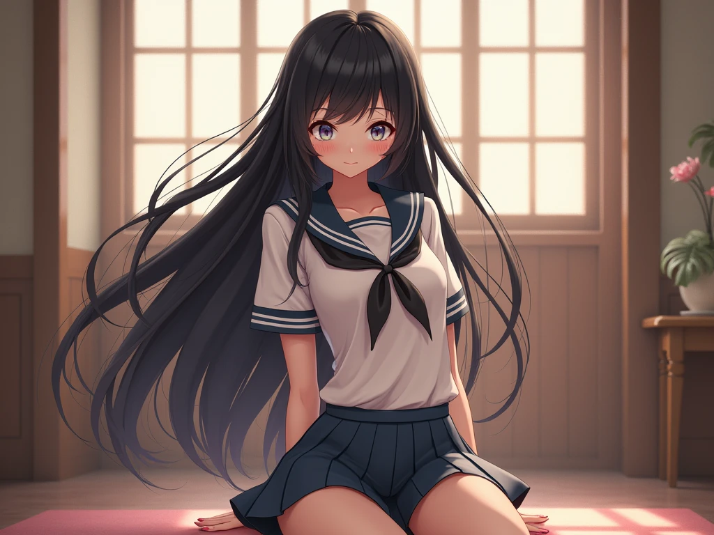 highest quality,masterpiece,8k,1girl,medium breasts,orgasm,blush, sweat,mini skirt,lift skirt,upskirt,white panties,Mizuki Yukikaze,hair ribbon, green shirt, serafuku, white neckerchief, long sleeves, pleated skirt, black skirt, black thighhighs, loafers,((squatting,open legs:1.3))