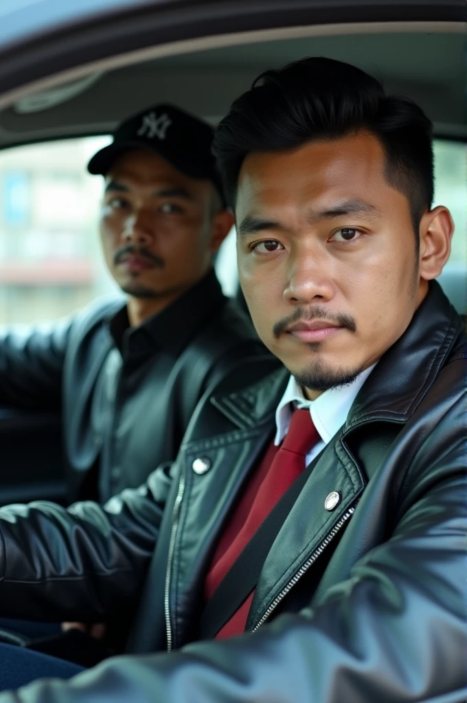 A handsome 35 year old Indonesian mafia boss is walking with his handsome 3 year old boy, wearing a shiny black leather jacket, Undercut hair is combed neatly, background of a group of mafia people, real photo, clear photo, professional photo, full HD, 4k 
