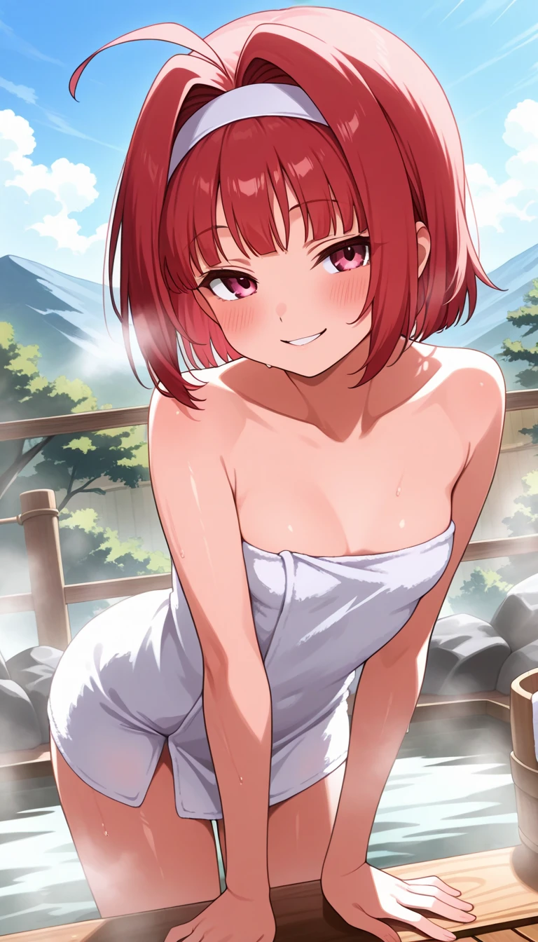 1girl,medium breasts, mainzonsen, indoors,(arms behind back),see-through,blush,light smile, wet,water,  leaning forward, light frown, onsen,steam,red hair,flat chest,open shirts,pussy,nipple,bukkake