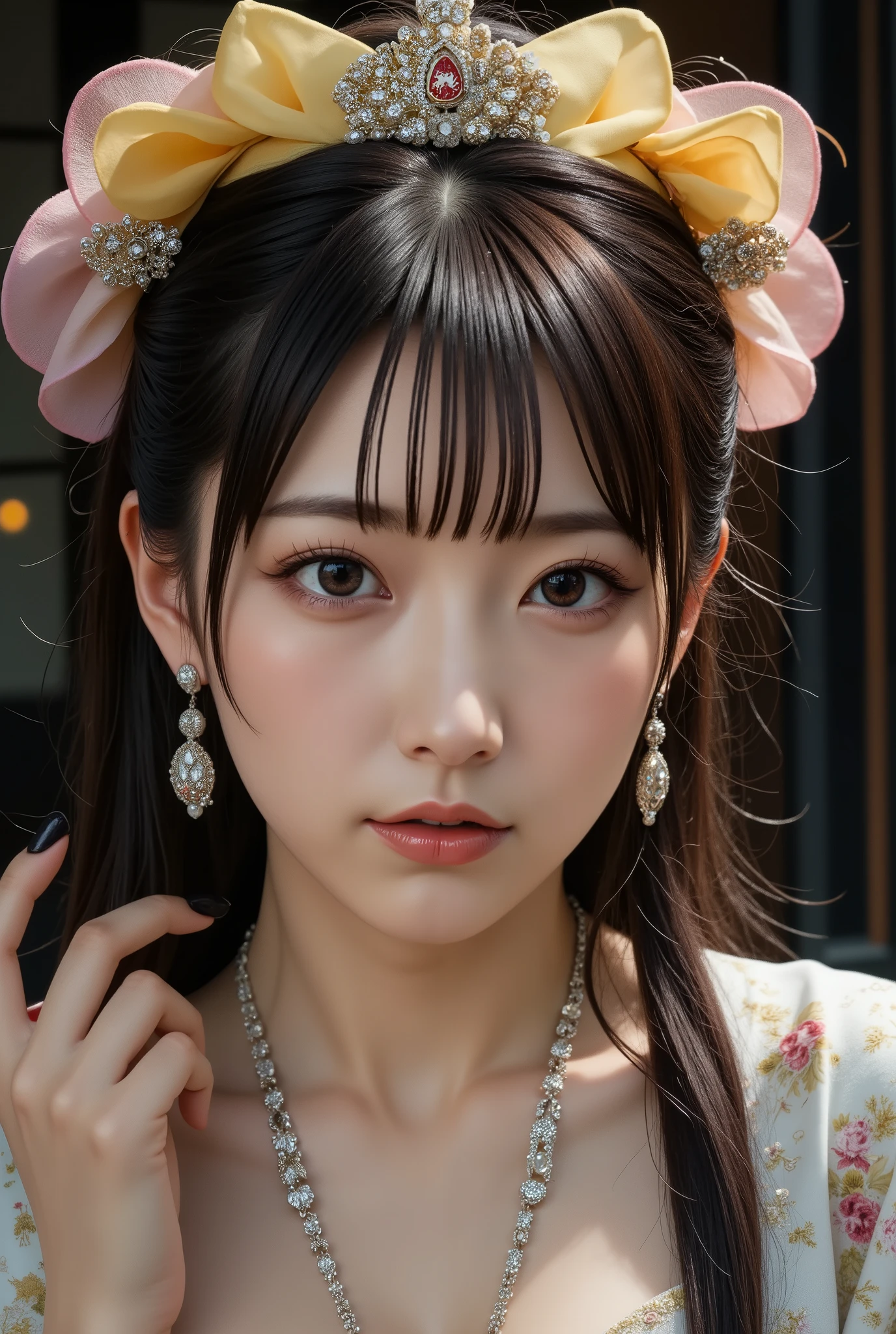 cute girl , Qing dynasty official uniform ,Single claw , red spell on yellow bill,FEMININE GOTHIC AESTHETICS , Close up details, Detail shot, clear details, ARTY LOVE BLOW STYLE , Silkscreen Art, close-up pictures , EXTRA FINE INK DETAILS , SILKSCREEN PRINT , very detailed,vulgar , wear a silk hat with a pink bill,Chinese horror art ,candle,coffin