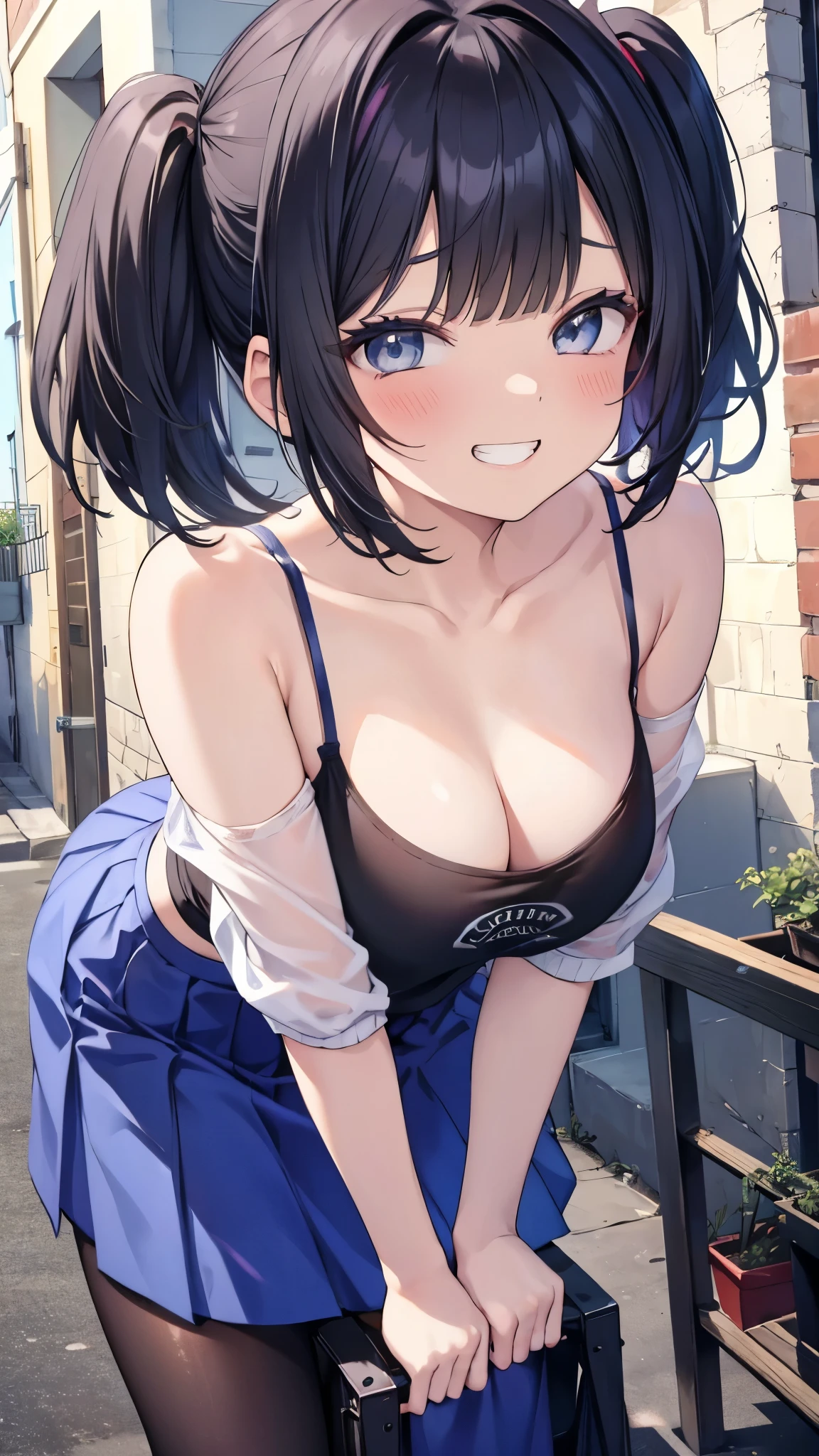 (8K、Highest quality、highest quality、masterpiece)、Detailed face、One girl、 Black Hair、short hair、twintails、blunt bangs、Grey Eyes、evil smile、((Grin))、Small breasts、((White camisole))、((Denim mini skirt))、Cowboy Shot、((bent over))、Back Alley Background、Very large breasts、Nipples are visible、No panties、Lift up the skirt