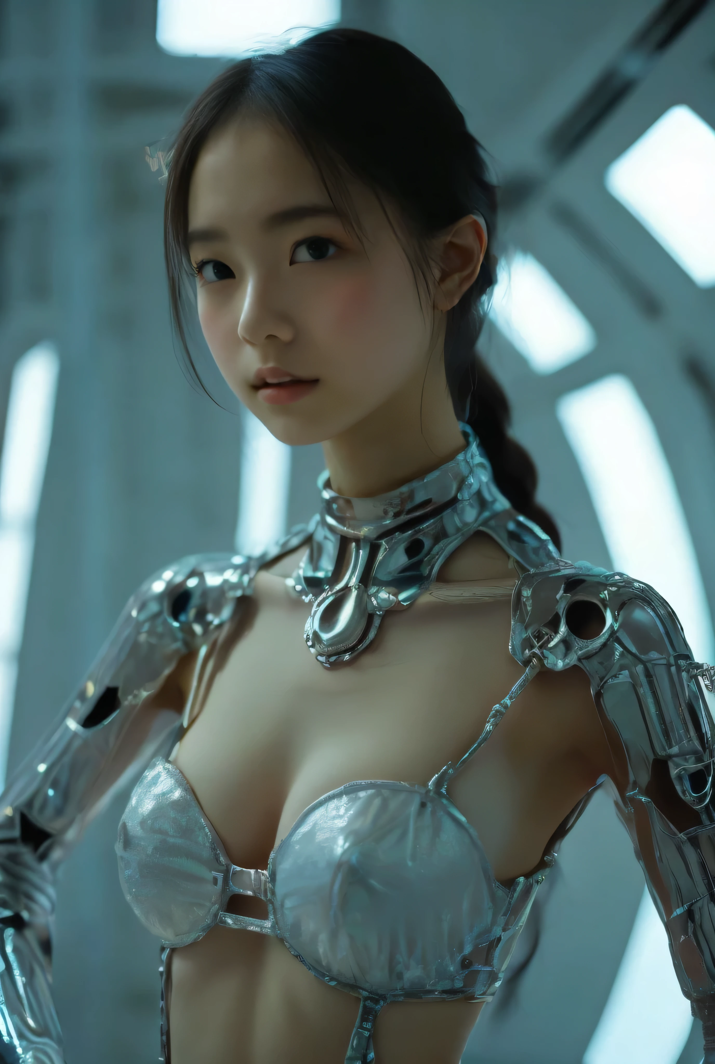 (((masterpiece))), (((best quality))), ((ultra-detailed)), (highly detailed CG illustration), ((an extremely delicate and beautiful)), A mechanical girl, revealing a delicate face and lips, full body, white mecha skeletons, mechanical joints, mechanical limbs, flesh and blood torso, large breasts, behind it seems to have a sun, and the bones have golden patterns