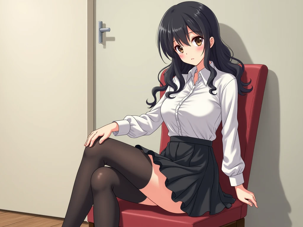 Mature Woman, wavy hair,Japanese woman with long black hair , Feminine plump and body , Anime Girl in a short skirt and blouse posing for a picture, The cute anime Waifu is a graduation mother, wear black stockings, is sitting, legs are open,attractive Anime Girl , Anime Girl wearing a black dress, cute Anime Girl , beautiful Anime Girl ,Girls Frontlineスタイル, Anime Girl , ( Anime Girl ), Anime Girl in real life, anime vtuber full body model , pretty Anime Girl
