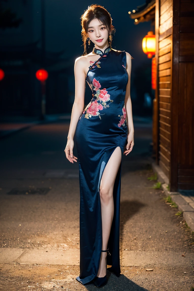 (8k、RAW Photos、Highest quality、masterpiece:1.2)、(Realistic、Realistic)、1 、((China dress:1.2、Thin legs、whole body、View from the front、smile、Looking into the camera、Stand with hands on hips))、cute、Leg fetish erection images