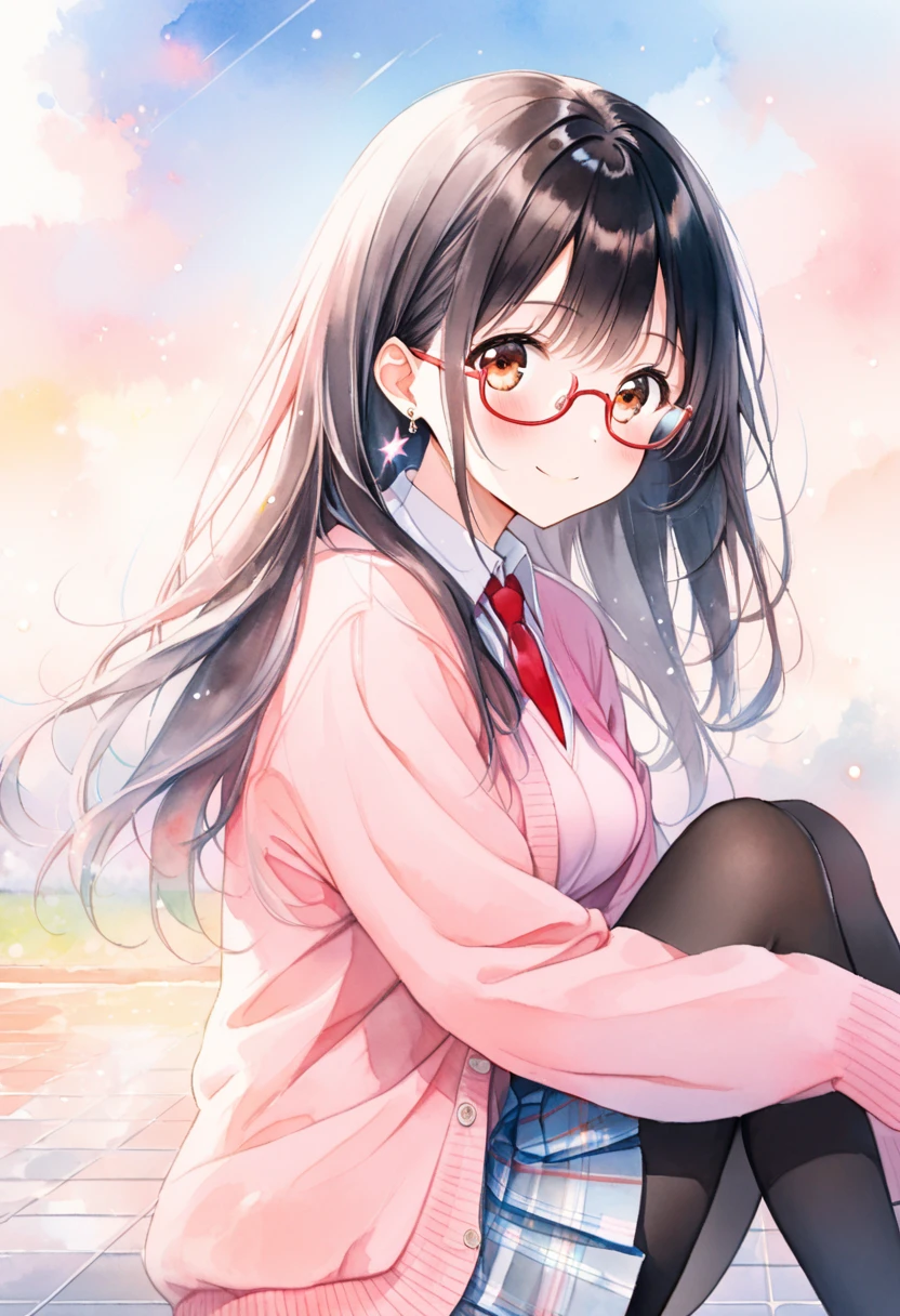 (pastel color:1.2),a girl in glasses squatting down while looking up at something, 1girl, brown eyes are shining and cute,(Pastel Color: 1.3), black hair,long hair,(red-rimless eyewear:1.2),star earrings, glasses, squatting, underwear, panties, (school uniform, pink cardigan, red tie, classic style with white shirt and checked long skirt), sleeves past wrists, light blue panties, black knee socks, white sneakers,smile, looking at viewer, blush, hands on own face, park, sky,cloud,from front,