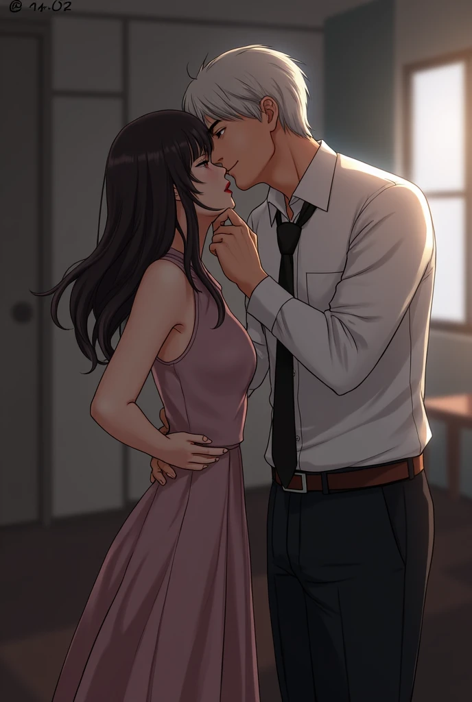 ( Work safety :1.9、sfw:1.), cuarto dark、dark、 Love Hotel Room Script, ( Gyaru girl with a slim body , long hair, straight hair , cabello ????? , Tall Middle Aged Man :1.2, Strout , Taking the girl's chin ), standing with his legs apart、、 How to sit 、 deep kiss , shameless face, naughty, short hair 、show your forehead、 A variety of sound effects 、Lots of conversation、 High resolution, masterpiece of the highest sustainable quality , high detail, 超 High resolution, makeup, muy detallado, Beautiful representation of saliva , drooling, slanted eyes, Violet eyes, difficulty breathing , , licking lips , Sticky Saliva , charming smile, (( A variety of sound effects 、Lots of conversation、 motion blur)), big breasts, moaning, Make a smile with your fingers , The face of patience , I want to cry , pushing upwards、Lean back、