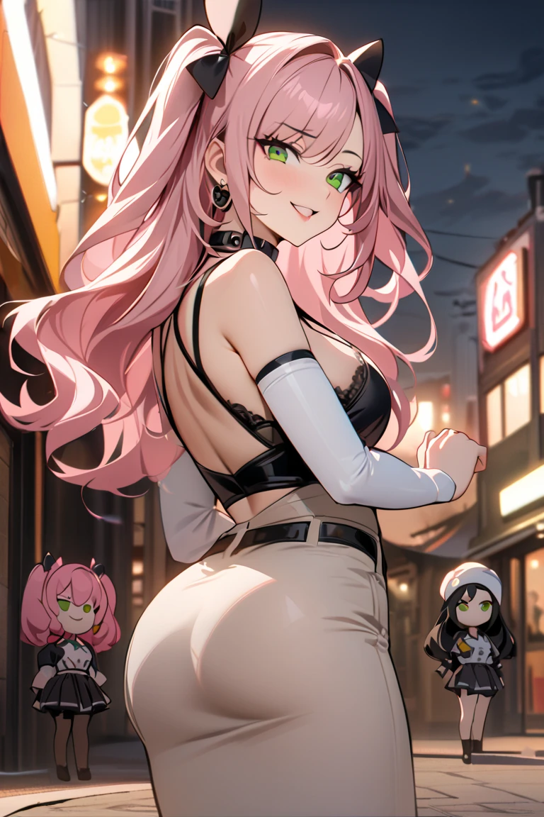 Bunny Girl，Bunny Girl，bunny suit，大胸Big Ass，Big Ass，Tights，黑色丝绸Tights，黑色Tights，Rabbit ear hair card，Bunny ears，Tights，Tights，丝绸Tights，Collar，Collar，Charm，charming，Pink Hair，Pink Hair，Spread your legs，Straddling，Standing，City background，Street background，Outdoor Background，Close-up above the waist，展示Body Positive，Body Positive，Body Positive，Character front，Close-up above the waist，Close-up above the waist，individual，Single Role，individual，Wide crotch，Collar，Neck Ring