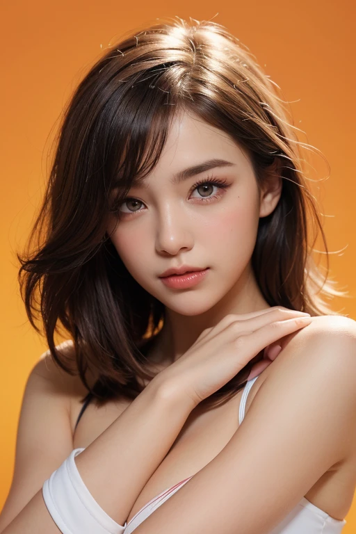 ((masterpiece)), (( best quality )), ( portrait of a beautiful girl), perfectly detailed eyes, 完璧に詳細な顔, super detailed nose, 開いた口, random color shorts, Perfect Teeth, bare shoulders, Charming, perfect face, dimples on cheeks , written depth, high resolution, (( Realistic Skin Texture )), ( balanced hands ), thin lips, random color hair, floating multicolored hair , Thin Waist , orange pastel background