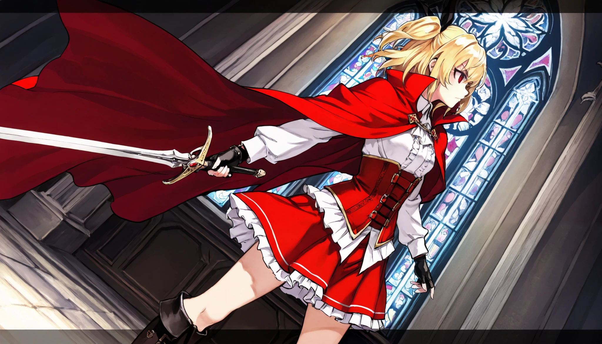 (best quality, highest quality:1.2), from side, masterpiece, top quality, ultra high definition, rich contrasts, HD,8k, High Definition CG Unit Wallpaper, texture , Unbelievably Absurd, ultra high definition, RAW photos ,Deep border 1 .2, very detailed,
1girl, solo, cowboy shot, white shirts, red long cape cloak, red corset, frills red skirt, black fingerless gloves, knee boots, blonde, two side up, red eye, holding a sword,
Anime Girls, dutch angle, Gloomy painting style, church, stained glass