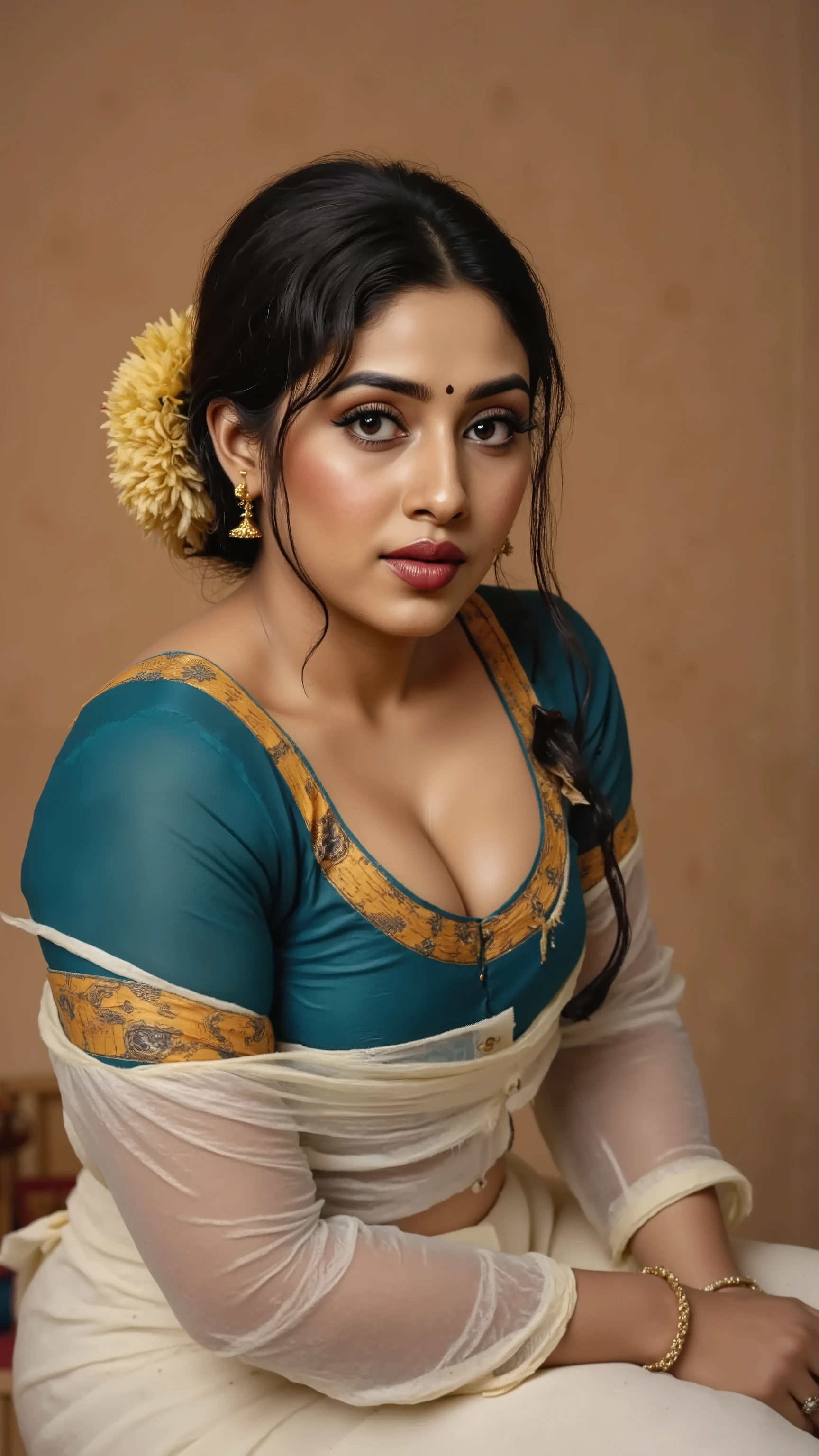 Side view of a Beautiful indian woman sitting on a table looking at camera, with lust in her eyes, black hair tied around, flowers in head,sandal mark on forehead, sindhur on forehead (vermilion mark on forehead in the middle of hair partition,transparent white Saree, dark red lipstick, black eyeliners, eyelashes,eyebrows,eyeshades,golden noserings,hanging ear rings,long golden chain on neck, ((huge breasts size: 2.0)), Half breasts out of the blouse, sexy cleavage, peacock blue with golden emproydered colour blouse, thick arms, inside bedroom, 8k , intricate details, dusky skin