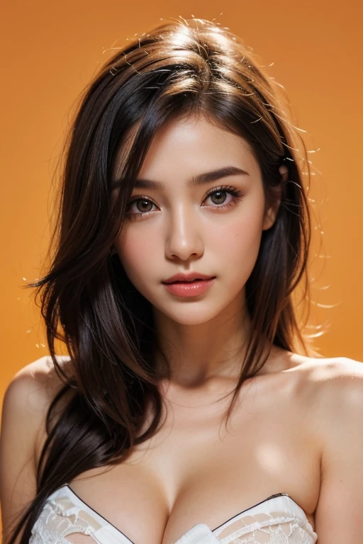 ((masterpiece)), (( best quality )), ( portrait of a beautiful girl), perfectly detailed eyes, 完璧に詳細な顔, super detailed nose, 開いた口, random color shorts, Perfect Teeth, bare shoulders, Charming, perfect face, dimples on cheeks , written depth, high resolution, (( Realistic Skin Texture )), ( balanced hands ), thin lips, random color hair, floating multicolored hair , Thin Waist , orange pastel background