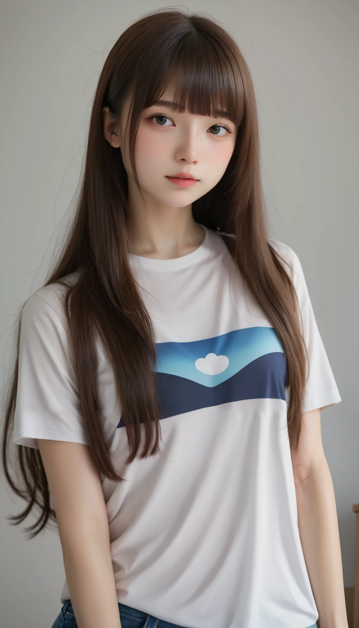Geometric background :1.3、      dark color、  cute girl、    tea hair、((( straight perm、bangs、       straight hair  :1.37、  long     straight hair   )))、      very long hair that gives off a bow  、      Look Away 、   Printed Shirts  、  Picasso painting t-shirt   、    relaxed clothes   、 Top Quality 、     very detailed 、   High Quality Details  、green