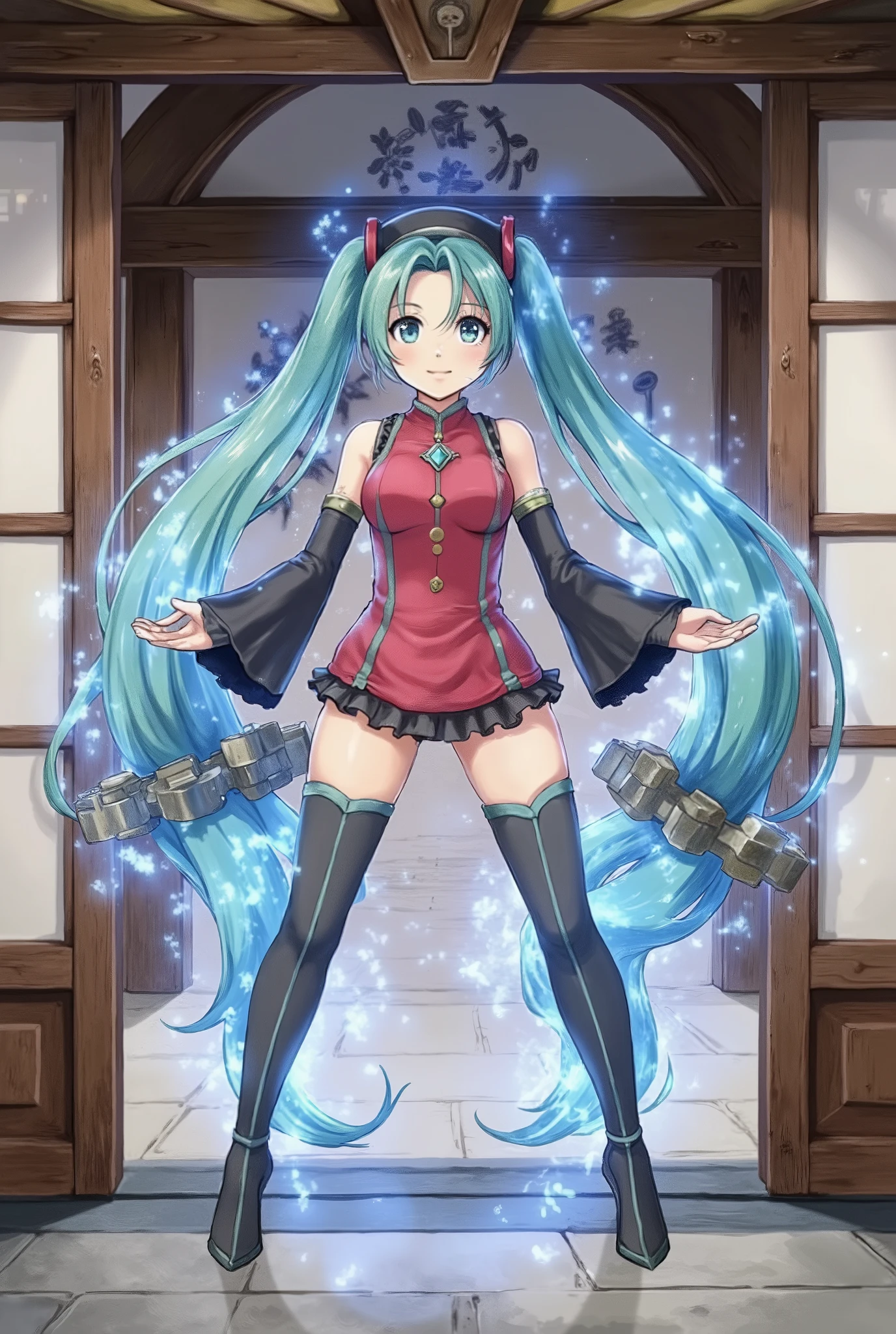 (Masterpiece、 best quality 、 best quality 、 Official Art、 beautiful and beautiful :1.2)、( One Girl:1.3) Hatsune Miku、 twin tails, beautiful breasts , 1 girl, Alone, solo focus , Women's Superhero , medium boobs, leotard, red and blue leotard, Bare legs, boots, matching boots, gloves, matching gloves, tea hair, Blue-gray eyes , standing straight in a Japanese house , put your hands on your lower back, full body, A body imbued with blue energy , atom