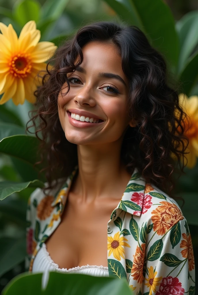 gorgeous young curly woman, Brazilian type, sexy fun smile, high contrast colors, wildflowers, fluid dark pattern painting background, black white background, sunlight, street photography, 4k, professional lens.