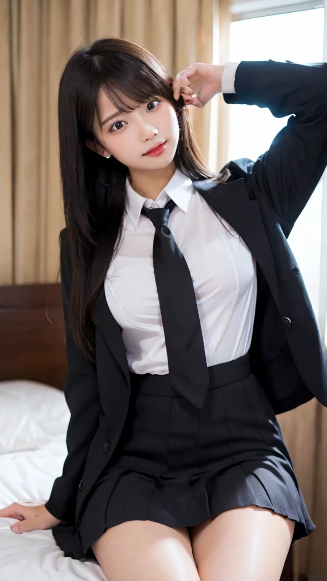 The most beautiful actresses in the world, she is a 19 year old woman, Perfect body proportions for this girl in a tight skirt suit, The only exposed skin on this woman is below the crotch, The blazer is worn over a formal shirt that exposes her large breasts., Only 1cm of her crotch is visible under her short skirt, Her bare thighs, Her bare knees, Under her shins、It's outside the frame of this photo, Her head is just below this frame., Her whole body is facing directly towards the viewer, In the city, She is standing, Browsing Caution, Highest quality, Very detailed, masterpiece, Ultra-high resolution, Photo Real, 8K, RAW Photos