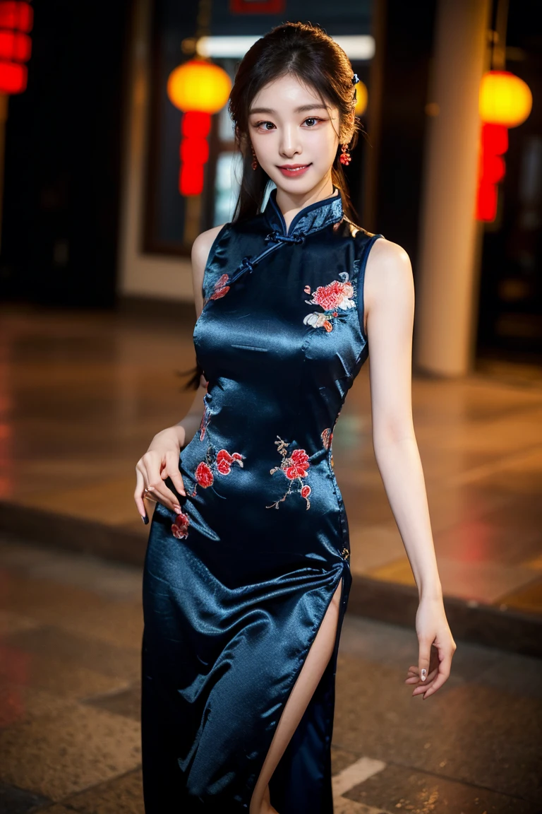 NSFW, 8K, RAW photo, ultra high res,(1girl:2.0), (photorealistic:1.4), black hair, smile, bright pupils, high detail, Realism, Fujicolor, image fill, viewfinder, Eye-Level Shot, 8k, super detail, UHD, retina, masterpiece, anatomically correct, textured skin, high details, high quality, award winning, best quality, high res, 16K, (Never split:2.0)、(10 head body:2.0)、(wonderful proportions:1.8)、(Full-body image:1.8)、(long and beautiful legs:1.6)、(Super high cut cheongsam:1.8)、(A slit that boldly cuts above the waist:1.8)、(((The most beautiful woman in Yokohama Chinatown is standing in a gorgeous cheongsam、Her cheongsam is decorated with beautiful embroidery and gilded ornaments to further enhance her charm.、The dress fits snugly to the body and beautifully emphasizes its curves.、Her hair is flowing black and fluttering gracefully in the wind、Her face is Rui々She is full of good looks and her eyes have a deep charm.、Delicate eyebrows、A momentary mesmerizing blink、The delicate smile on her lips brings a special shine to her face、Her proportions are just ideal and her cheongsam fits as if to wrap around her beautiful body.、Her graceful, curvaceous waist and beautiful long legs accentuate the beauty of the dress with deep slits.、His attitude is confident and self-sincere, and he fascinates those around him like a walking flower.、The appearance of that beautiful woman in Yokohama Chinatown is like a dream and shows the ultimate in beauty.)))、(((auspicious々She has a dazzling appearance with good looks and flowing black hair.、Boasting perfectly harmonized proportions, the cheongsam fits her body perfectly and enhances her beauty.)))、Japanese actressl、Wakana Matsumoto