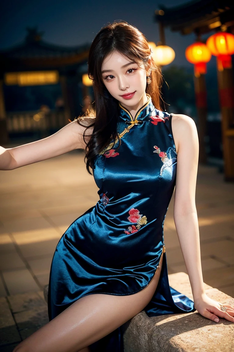 (From the outside) (shiny skins), many color,Best quality at best,tmasterpiece,photograph of-realistic,Complicated details,RAW photogr,Court,Gorgeous cheongsam in many colors,Extra-long hair,cropped shoulders,delicated face,Expose cleavage,decorations,Stand by the window,on cheongsam,Lace,underdressing,decorations,Exposing thighs,close-up from the front,looking to the camera