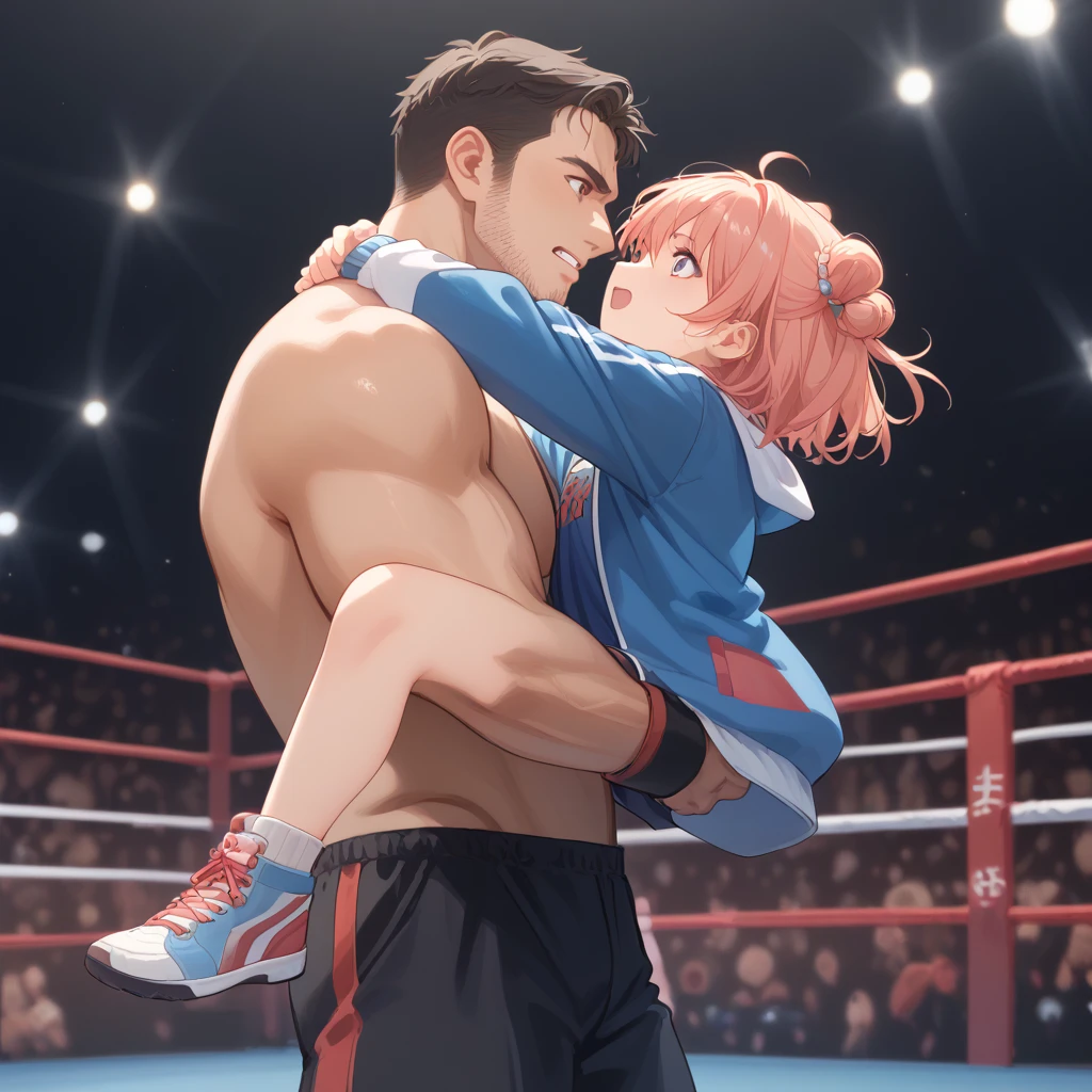 Completely naked、13-year-old female、Flat Chest、Playing against a 10-year-old boy、During a boxing match、Nipples、Boy athlete exposes penis、woman looks angry、Grabbing each other