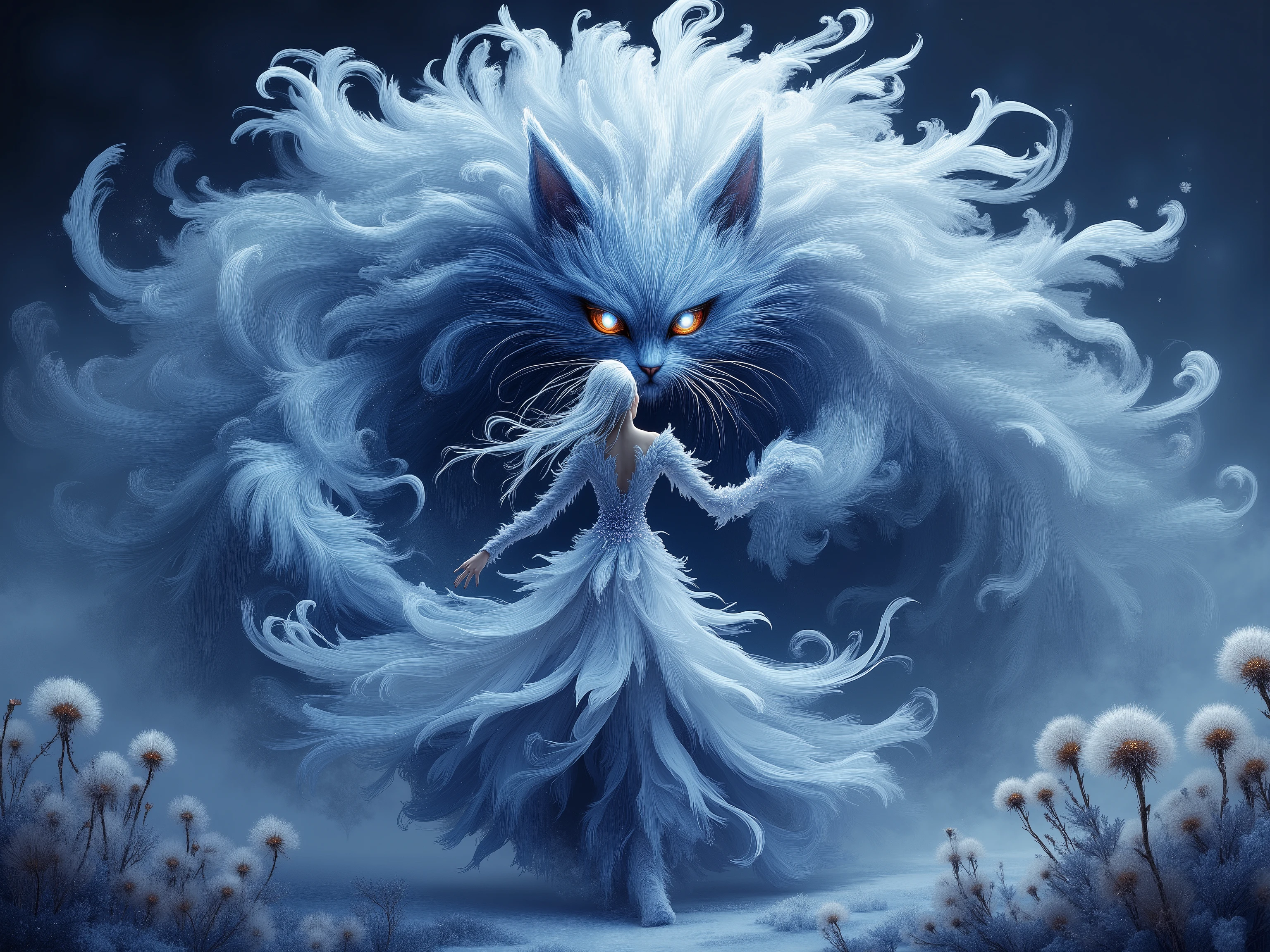 "beautiful woman wears a dress made of frozen feathers, her hair like feathers, huge shining eyes,face frozen, she dances with a huge cat whose long fur is like frozen feathers, surrounded by snow and dandelions, in style of hyper-realistic precision, dark cyan and light amber, vibrant colorist, fragmented advertising, daz3d, color splash, hyper-detailed, raw style. octane rendering for a hyper-realistic digital painting, perfect composition adhering to the golden ratio, ultra realistic, dramatic lighting.  ultra fine details, Stunningly beautiful, mysticism and magic, perfect digital painting . reflections and sparkles, perfect harmonious composition. octane rendering for a hyper-realistic digital painting, perfect composition adhering to the golden ratio, dramatic lighting. breathtaking masterpiece"