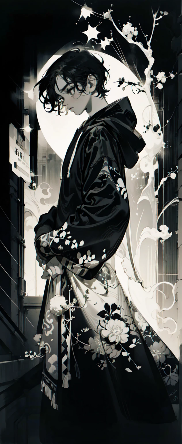 1male, black and white hair, half split hair, short hair, spiked back hair, white bandaged blindfold, calm expression, black and white split haori, traditional japanese background, hands to side, standing on path