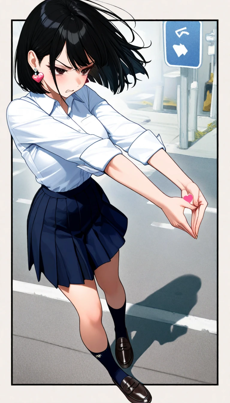 1girl, solo, white polo shirt, white sneakers, tennis wear, white miniskirt, masterpiece, best quality, realistic, hyper-detailed, (shiny skin, sweaty:1.4), absurd, looking at viewer, short black hair, brown eyes, slender, dynamic lighting, high resolution, sharp focus, depth of field, detailed eyes, sharp pupils, realistic pupils, (small breasts:1.6), (thick thighs:1.0), outdoor, sky --auto