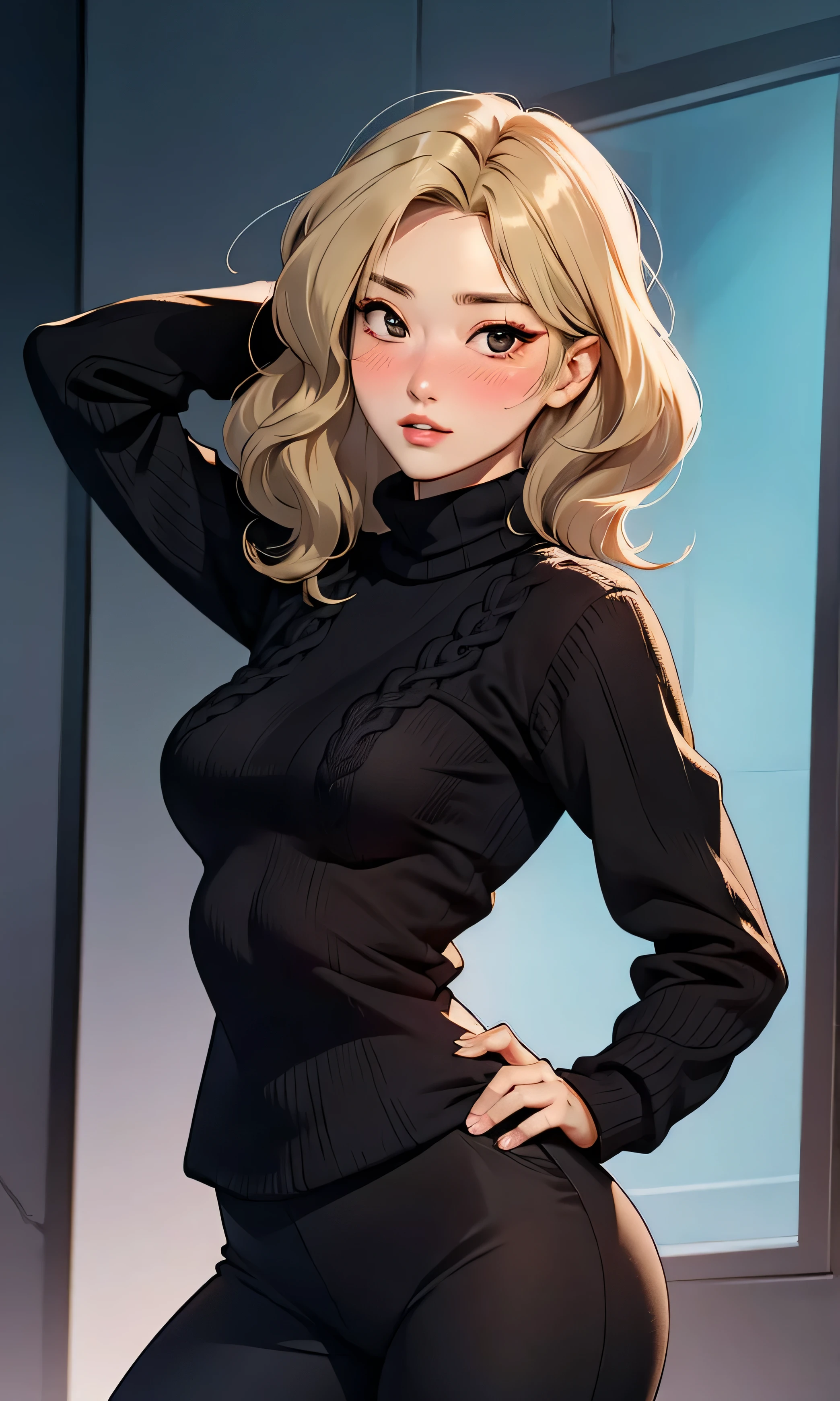 masterpiece, high detail, Species, a beautiful girl , Korean, thin and tall, short blonde hair, wavy hair , black eyes, round eyes, black sweater pants , short negro, he would be, blush, Body body, head on