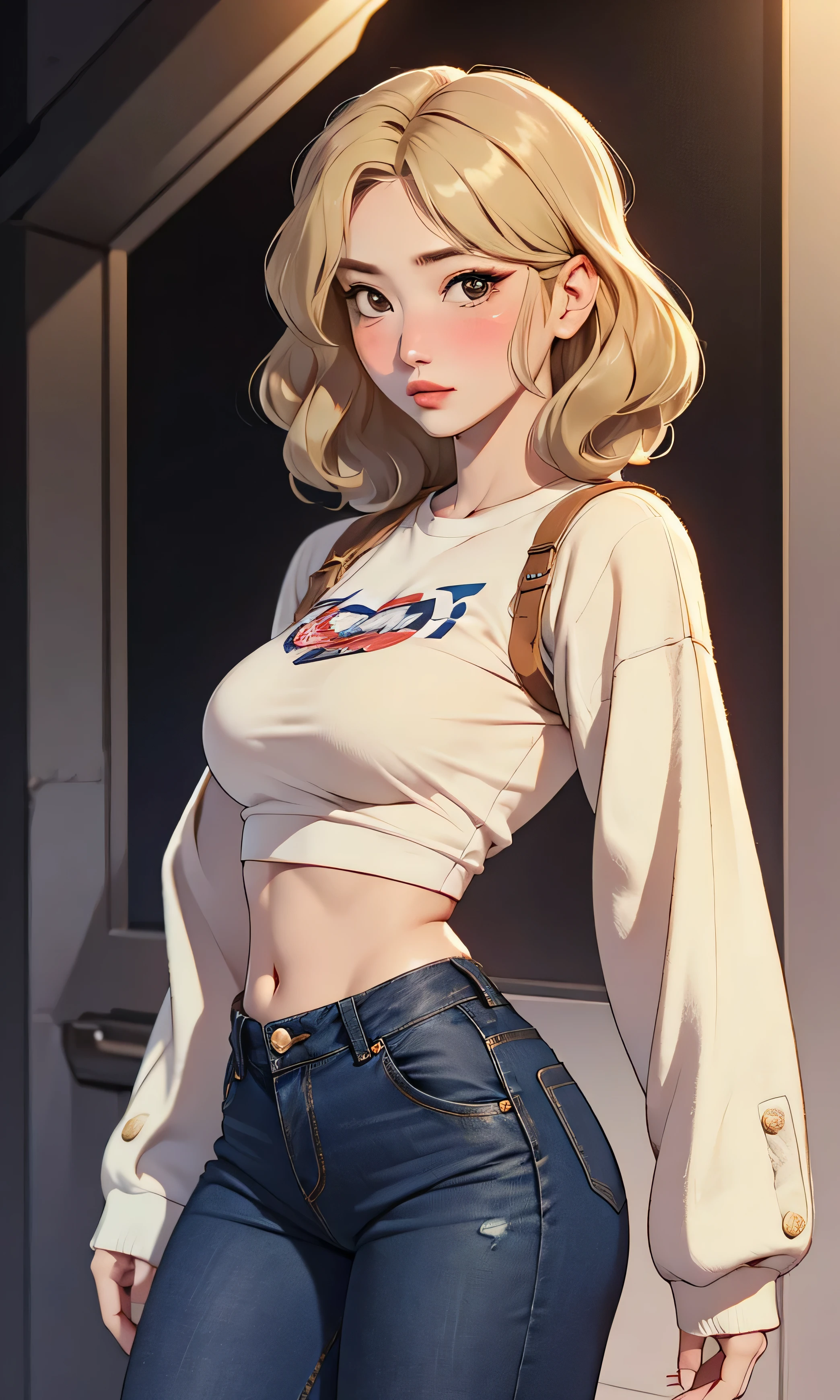  masterpiece,  high detail, Species,  a beautiful girl ,  Korean, thin and tall, short blonde hair,  wavy hair ,  black eyes,  round eyes, top,  denim pants, he would be, blush,  medium black, head on 