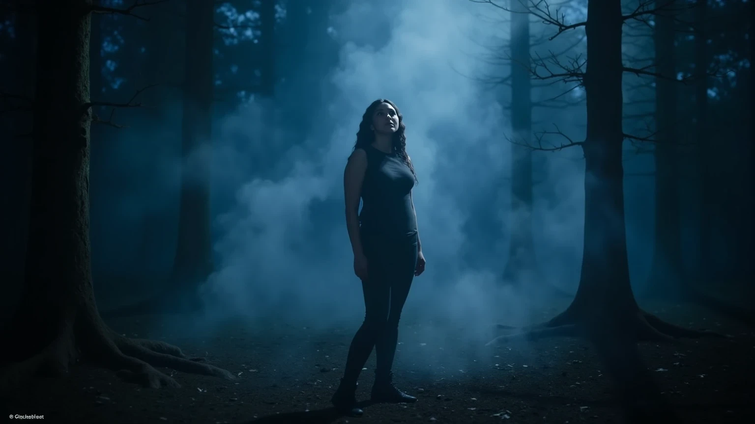 Cinematic photograph of a woman standing alone in a dense forest at night, her silhouette outlined by soft moonlight breaking through the thick mist. She gazes upward with a look of quiet awe, her figure partially obscured by swirling fog. The atmosphere is serene and mysterious, with subtle blue and silver tones highlighting the natural scene. Shadows dance across the ground, blending into the forest’s dark, undefined edges.