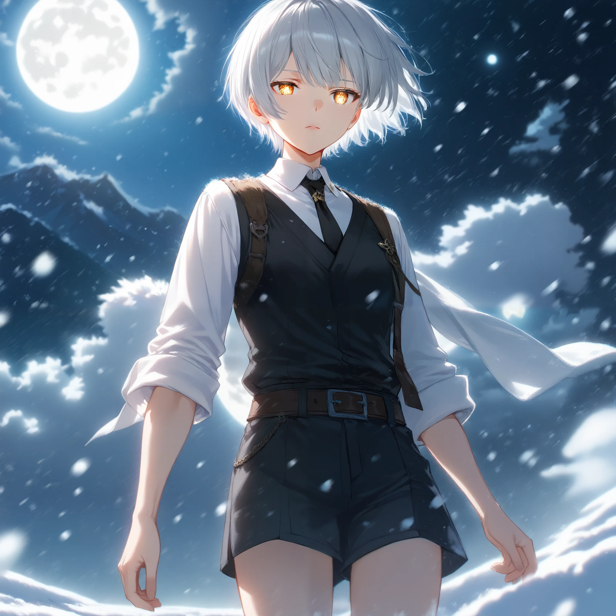 anime boy in black clothes standing in the snow against the full moon, 4k animation wallpaper , High quality anime art style , anime style 4k , Perfect gray haired , Nightcore, golden eyes , short hair, Lots of hair {x}Various hair, Expressionless