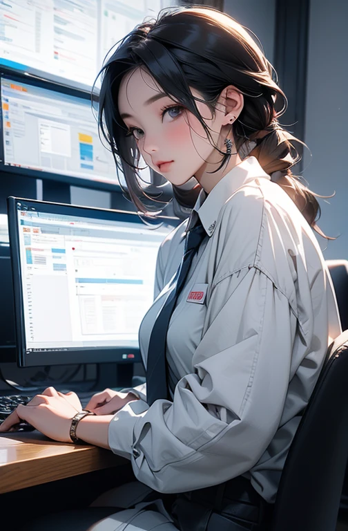 masterpiece、High resolution 8k、Browsing Caution、Sharp focus、Contrast lighting、Fine skin、The pieces fly、 Highest quality、Ultra-high resolution、Ultra-high resolution、Extremely detailed CG、stock exchange、Large office room、Numerous large monitors、Desk computer、transaction、document、stock、Chart Screen、Horizontal focus male office worker、A woman is sitting on a chair、Beautiful Eyes、(Detailed Faces and Faces:1 2)、Narrow eyes、Almond Eye、Dark Eyes、Eye Gradation Eye Highlight:1.2)、(Light reddish brown hair、middle、Asymmetrical bangs)、(ID card、Blazers are in short supply at office wear、White dress shirt、Black Pencil Skirt、pumps)、(Fuller lips、gross、Glossy Lips、Small breast size) 、(Oval Face : 1.4)、(Thin fingers、Great weapons、Detailed human hand)、Half-laugh、Teeth are visible
