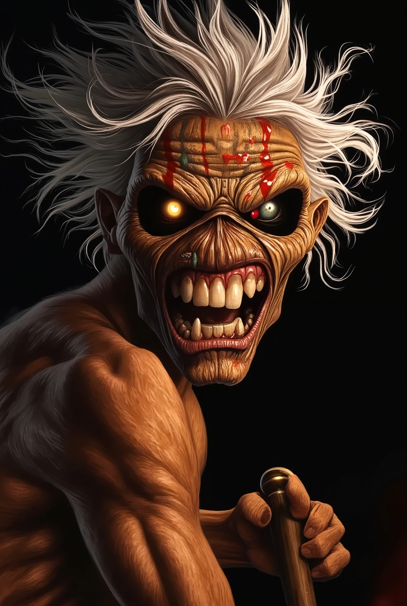 Illustration, T-shirt art, Graphic Design, a close up of Eddie from Iron Maiden holding axe, macabre poster art, horror!! highly detailed, detailed 4k horror artwork, by Olaf Rude, horrorcore, butcher billy style, by Dave Arredondo, by Dicky Doyle, horror illustration, butcher billy, horror poster, mark brooks detailed, by Roberto Parada, by Jay Hambidge. (((Black Background)))
