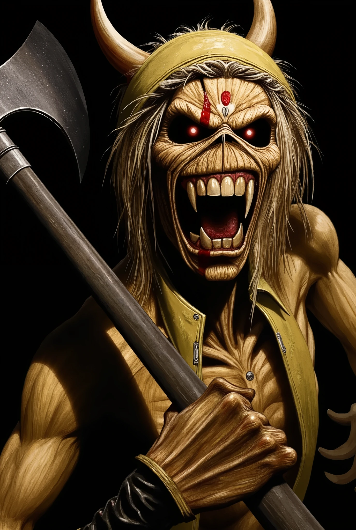 Illustration, T-shirt art, Graphic Design, a close up of Eddie from Iron Maiden holding axe, macabre poster art, horror!! highly detailed, detailed 4k horror artwork, by Olaf Rude, horrorcore, butcher billy style, by Dave Arredondo, by Dicky Doyle, horror illustration, butcher billy, horror poster, mark brooks detailed, by Roberto Parada, by Jay Hambidge. (((Black Background)))